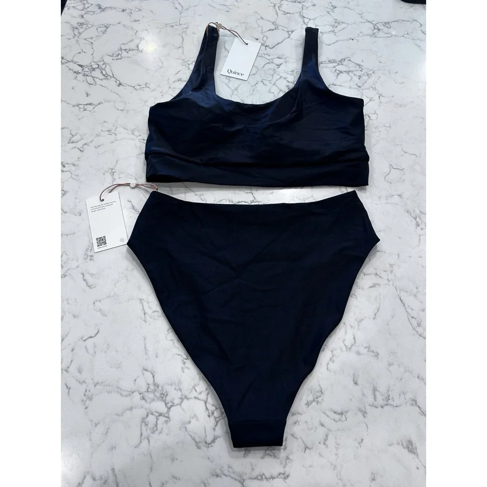NWT Quince Black Italian Tank Bikini Top & High Rise High Leg Bottom Set Large